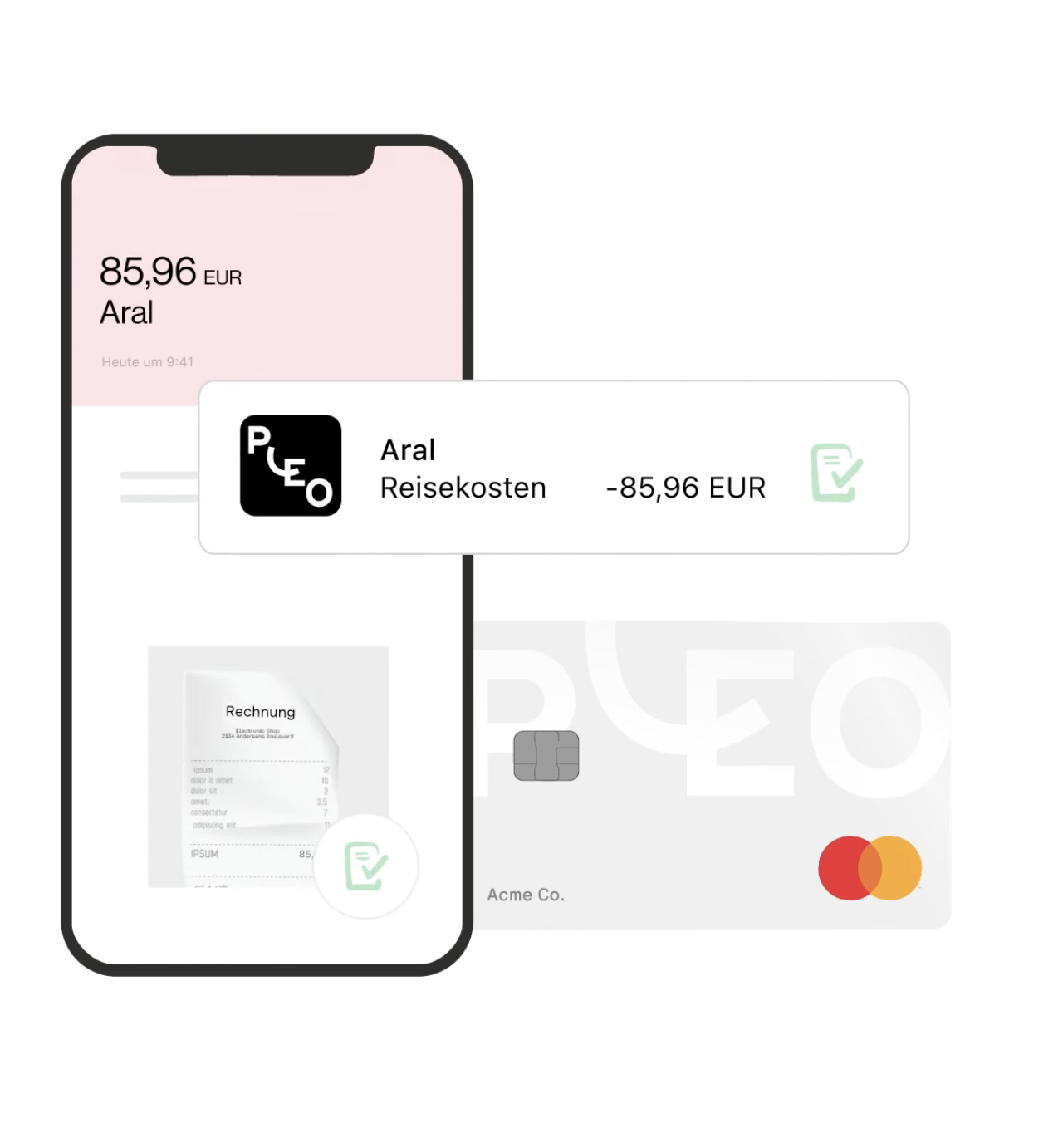 Handy mit der Polo App zeigt Rechnung, Kreditkarte und Ausgabe als Nachricht hervorgehoben