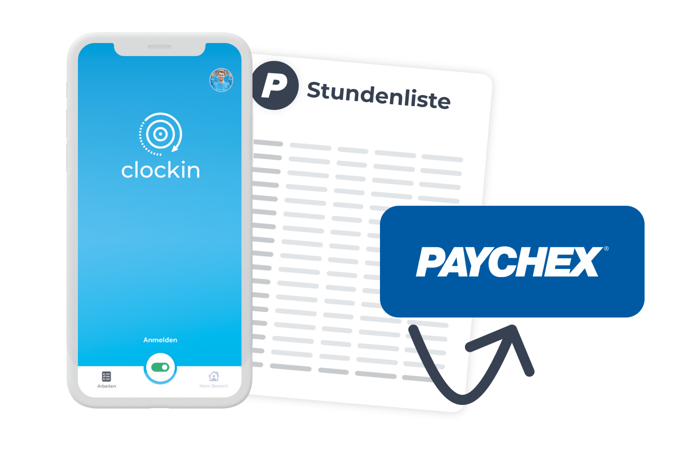 clockin Smartphone mit Pfeil auf Paychex Logo